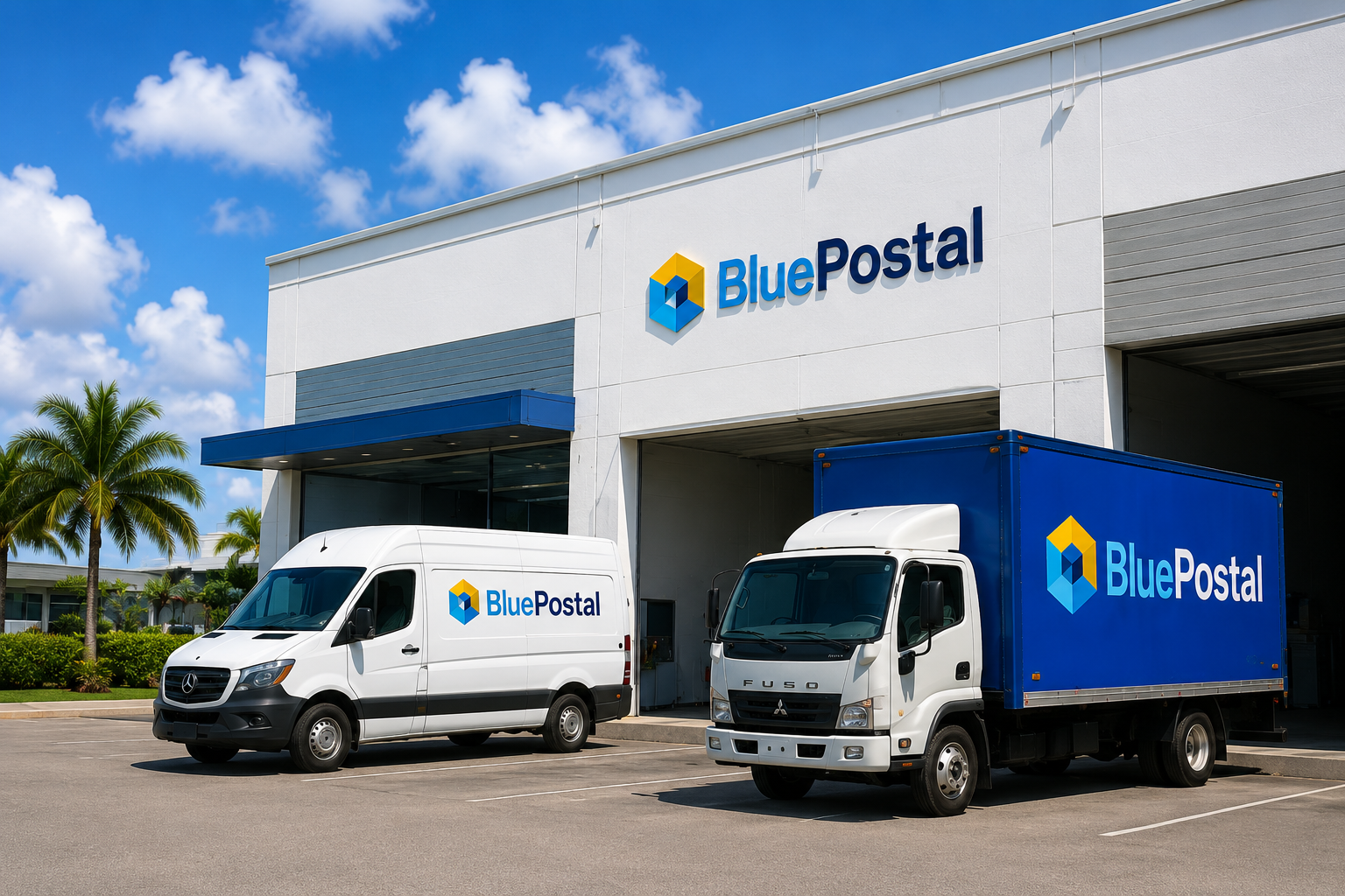 BluePostal facility and delivery vehicles