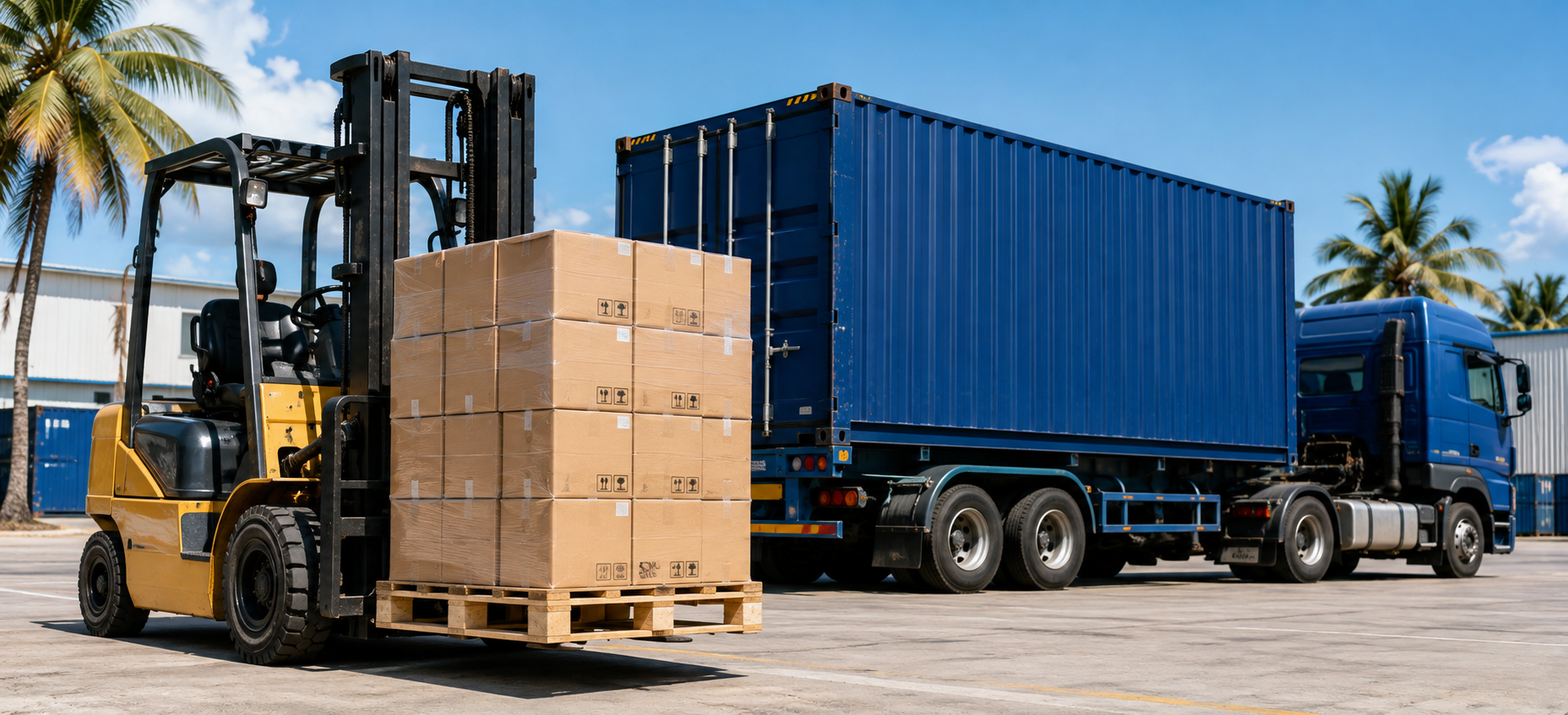 Forklift loading packaged cargo beside a shipping truck